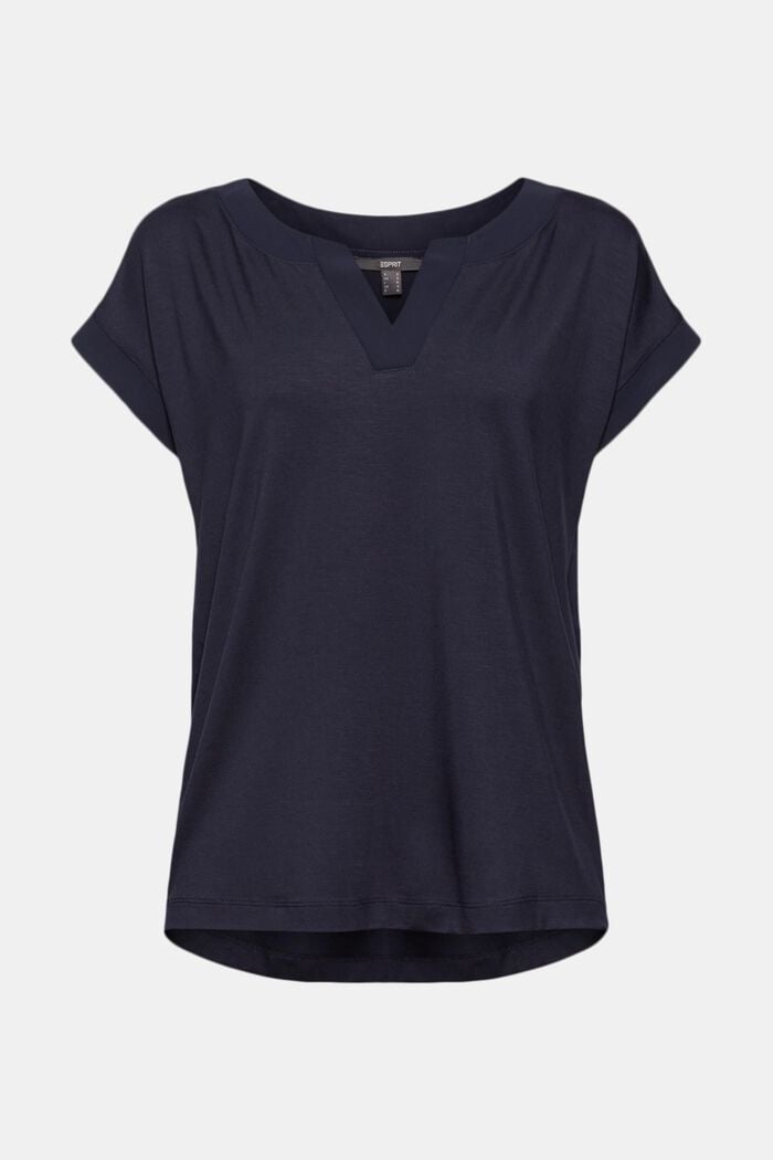 Lyocell blend T-shirt with chiffon details, NAVY, overview