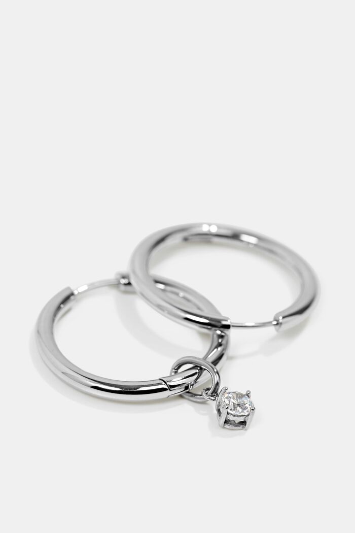 Stainless steel hoop earrings with a zirconia pendant, SILVER, detail image number 1