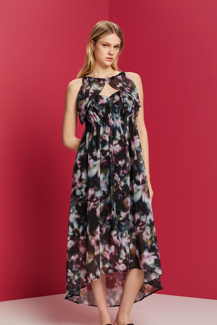 Recycled: patterned chiffon midi dress, BLACK, detail image number 0