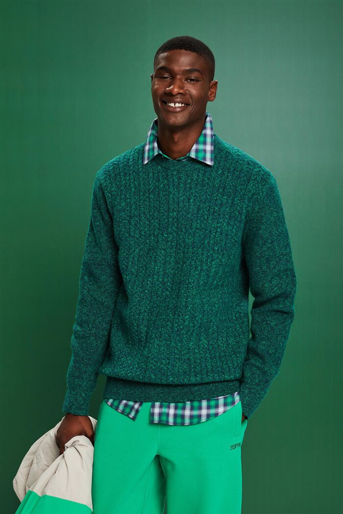 Melange Cable Knit Crewneck Sweater, GREEN, detail image number 4