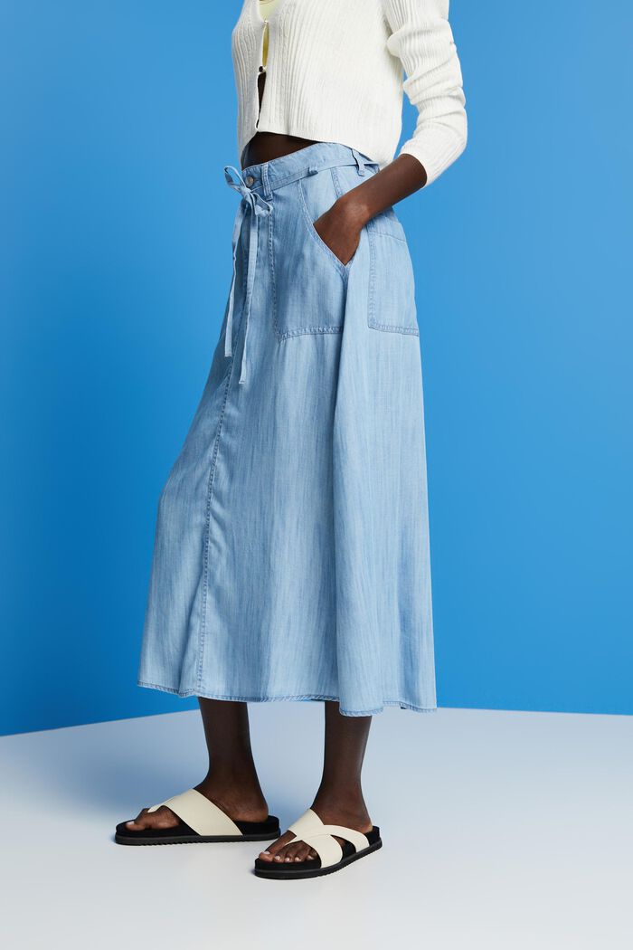 Made of TENCEL™: Denim-look midi skirt, BLUE LIGHT WASHED, detail image number 0