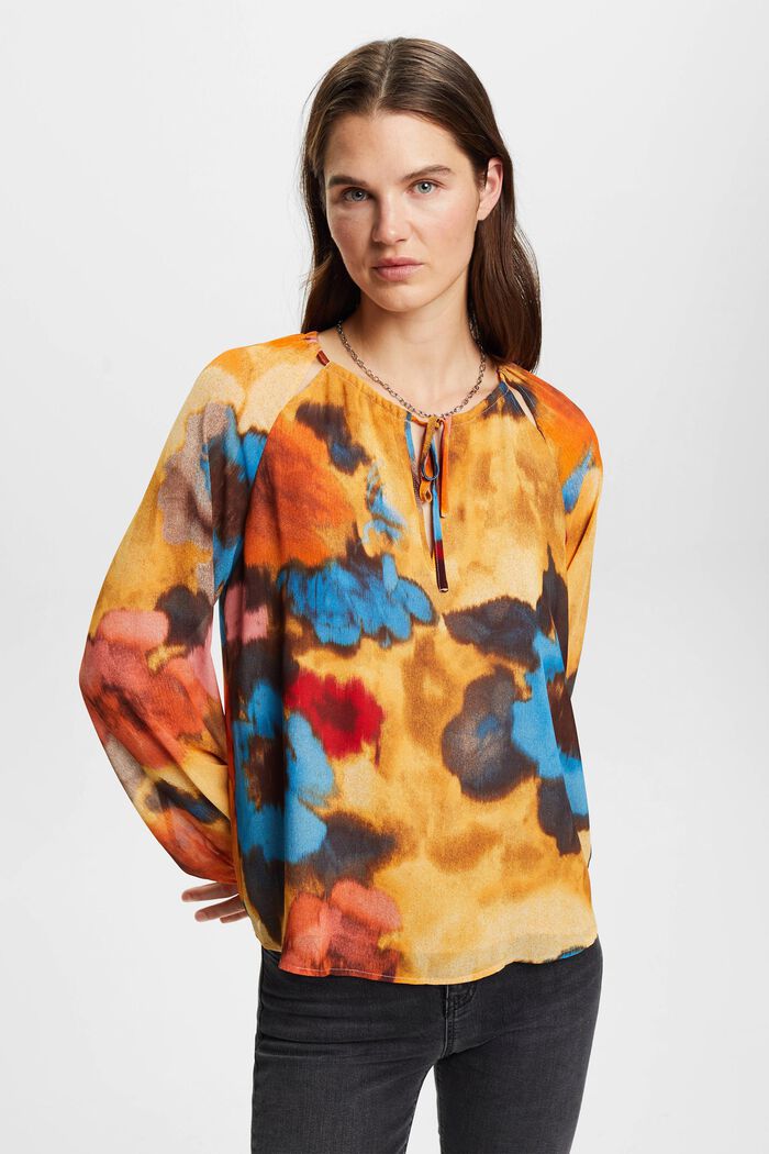 Split-necked top with all-over floral pattern, TAUPE, detail image number 0