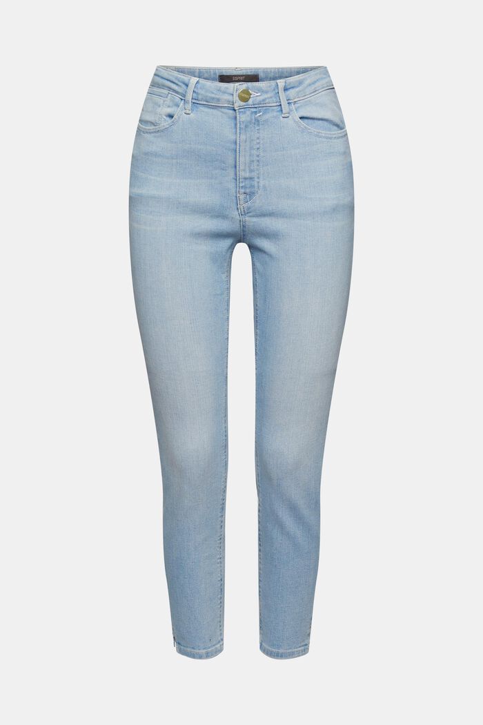 High-rise jeans with hem slits, BLUE LIGHT WASHED, overview