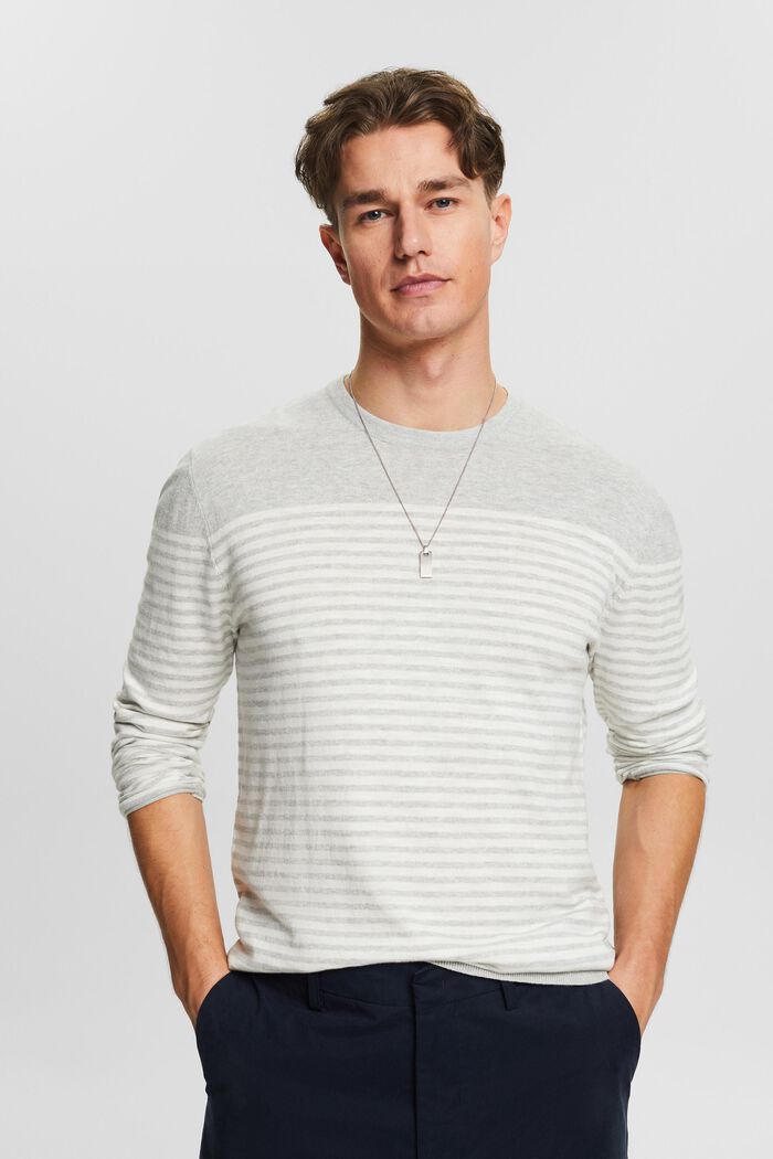 Striped Cotton Sweater, LIGHT GREY, detail image number 0
