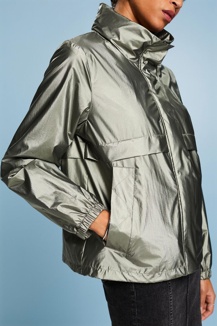 Metallic Coated Windbreaker Jacket, DARK TEAL GREEN, detail image number 3