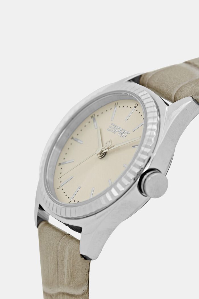 Stainless steel watch with a textured leather strap, GREY, detail image number 1