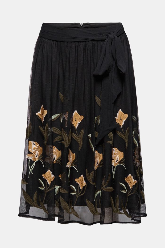 Mesh skirt with floral embroidery, BLACK, detail image number 6