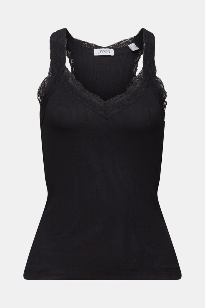 Lace Rib-Knit Jersey Top, BLACK, detail image number 6
