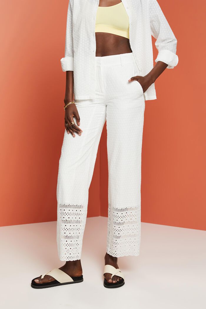 Embroidered trousers, 100% cotton, WHITE, detail image number 0