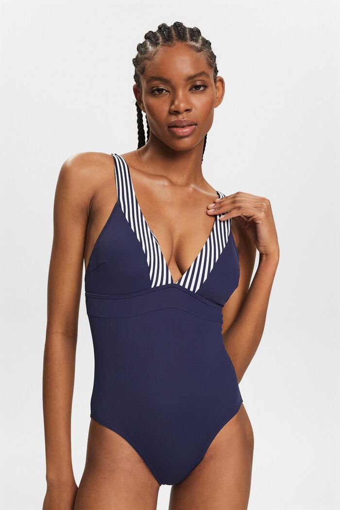 Striped One-Piece Swimsuit, NAVY, detail image number 0