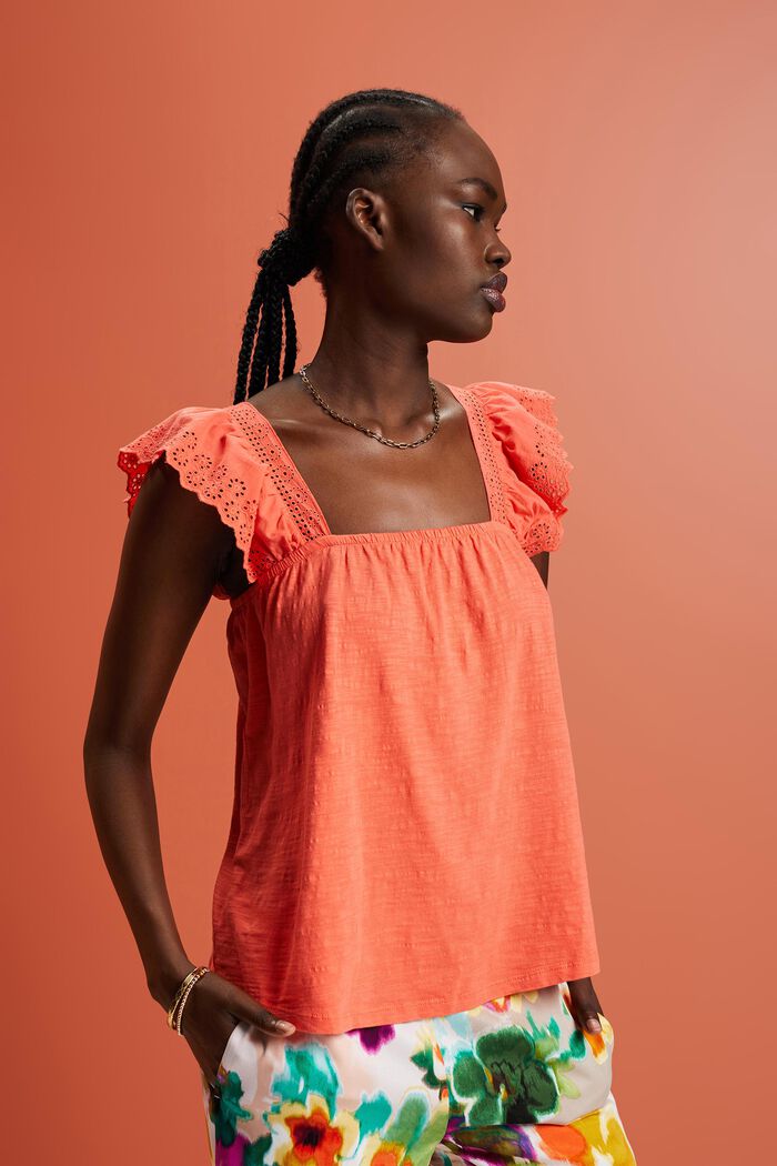 Jersey t-shirt with embroidered sleeves, CORAL ORANGE, detail image number 0