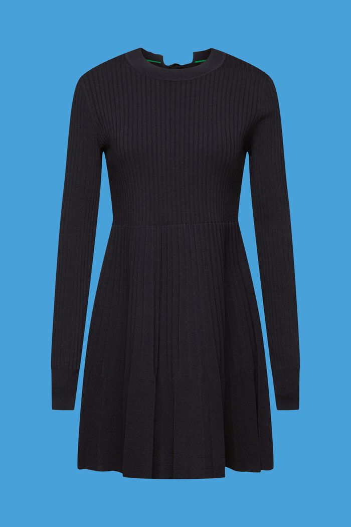 Pleated mini dress with long-sleeves & crewneck, BLACK, detail image number 6