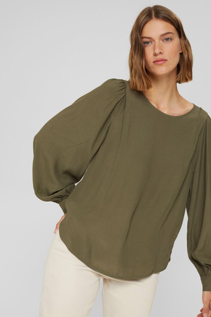 Wide blouse with balloon sleeves, LENZING™ ECOVERO™, DARK KHAKI, detail image number 0