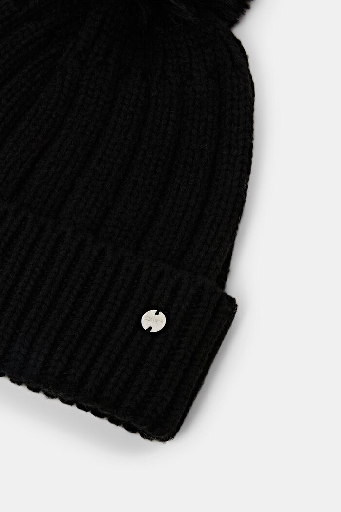 Rib Knit Beanie, Wool Blend, BLACK, detail image number 1