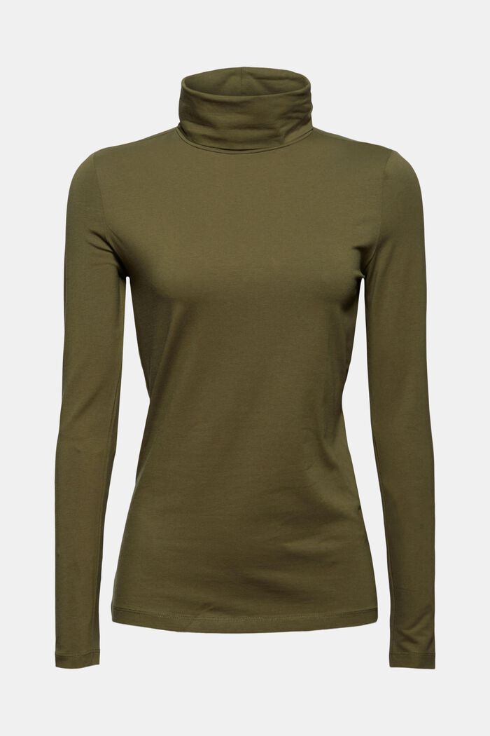 Long sleeve polo neck top in organic cotton, DARK KHAKI, detail image number 7