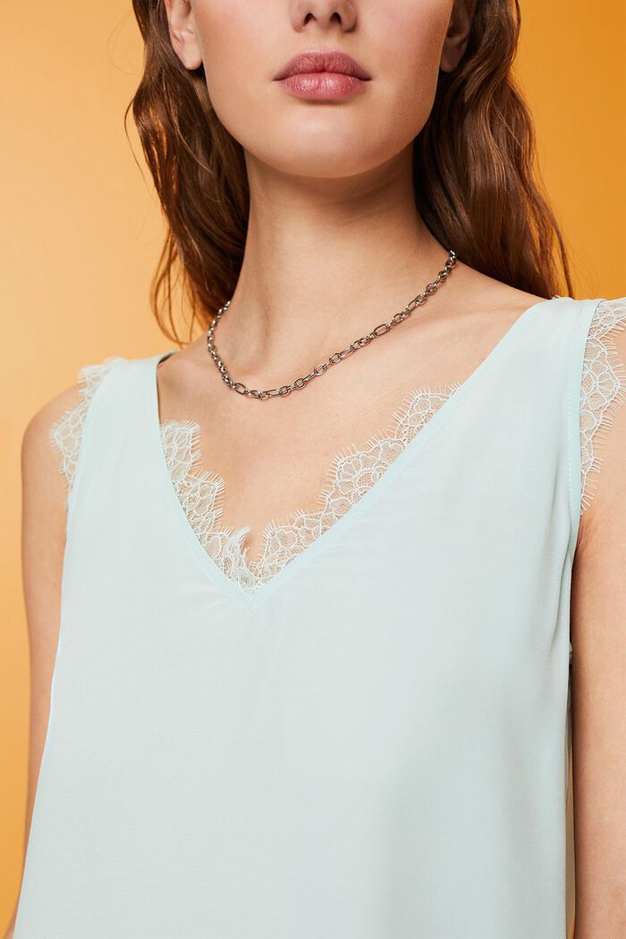 Sleeveless blouse with lace trimming, LIGHT AQUA GREEN, detail image number 2