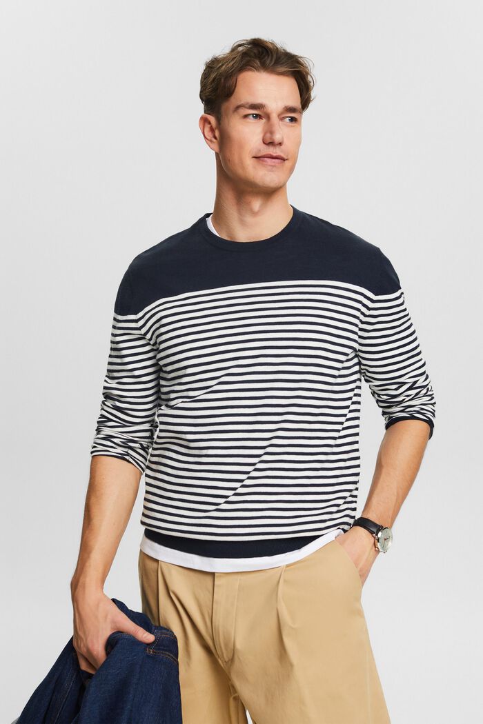 Striped Cotton Sweater, NAVY, detail image number 4