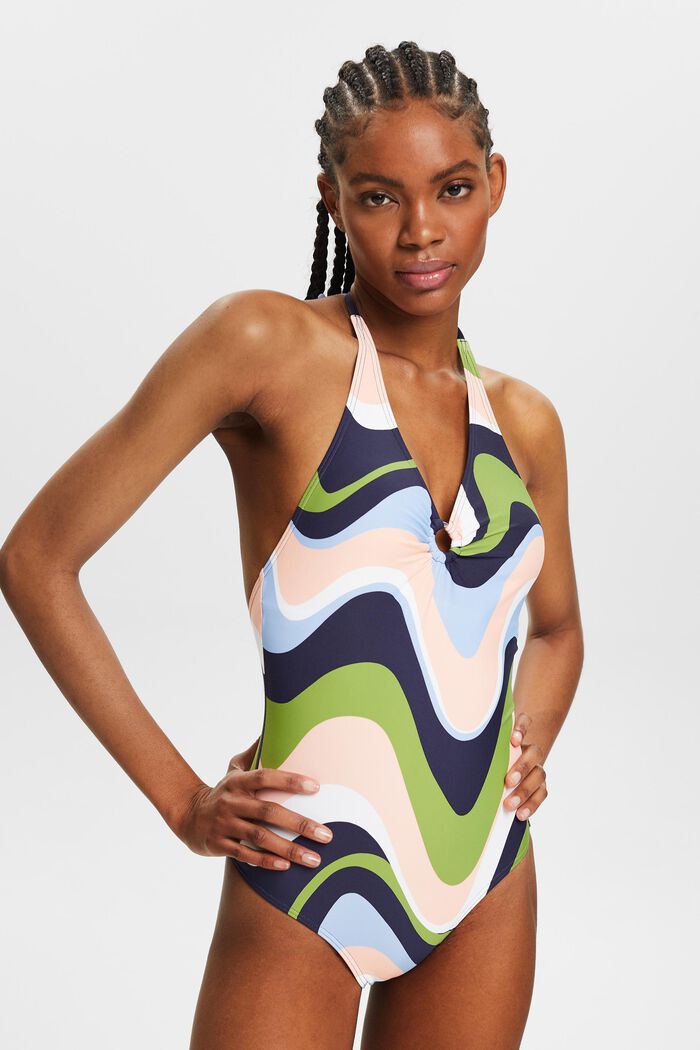 Printed Halter One-Piece Swimsuit, NAVY COLORWAY, detail image number 0