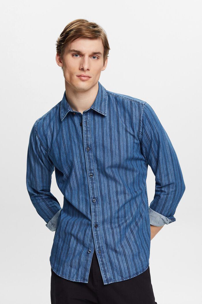 Slim fit denim shirt with stripes, NAVY, detail image number 0