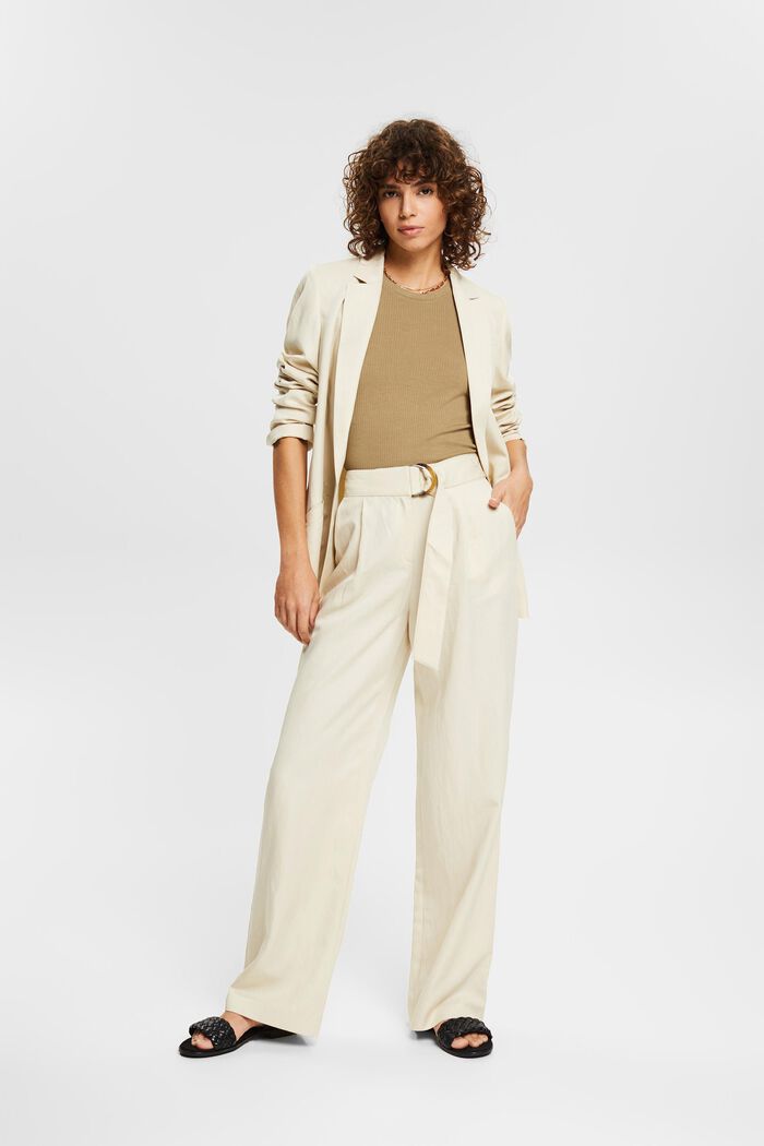 Linen blend: wide-leg trousers with belt, LIGHT BEIGE, detail image number 1
