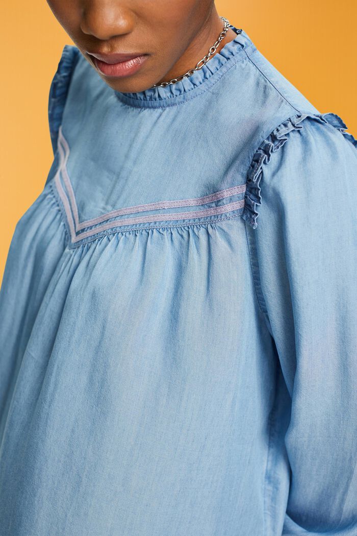 Faux-denim frilly blouse, BLUE MEDIUM WASHED, detail image number 2