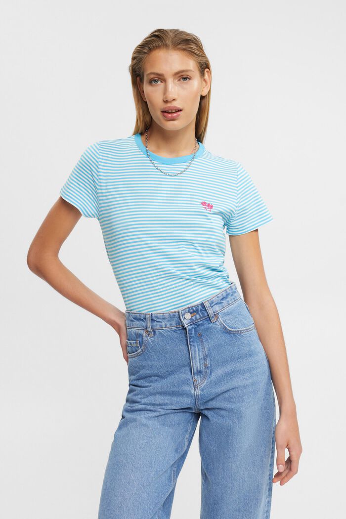 Striped t-shirt with embroidered flower, TURQUOISE, detail image number 0