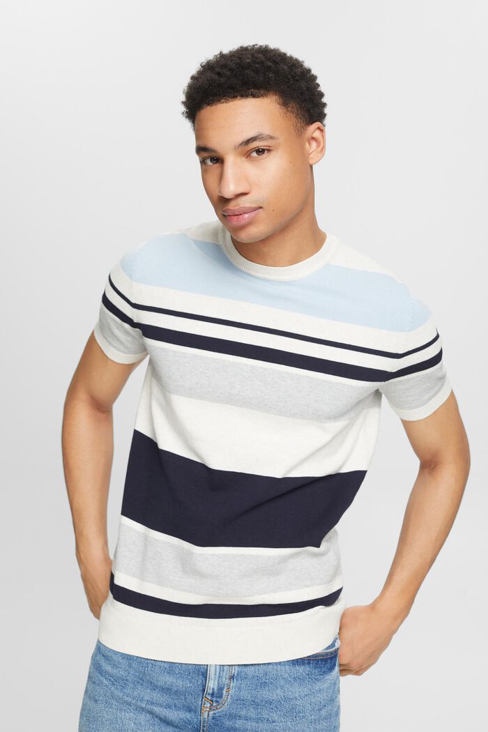 Striped Short-Sleeve Sweater, OFF WHITE, detail image number 0