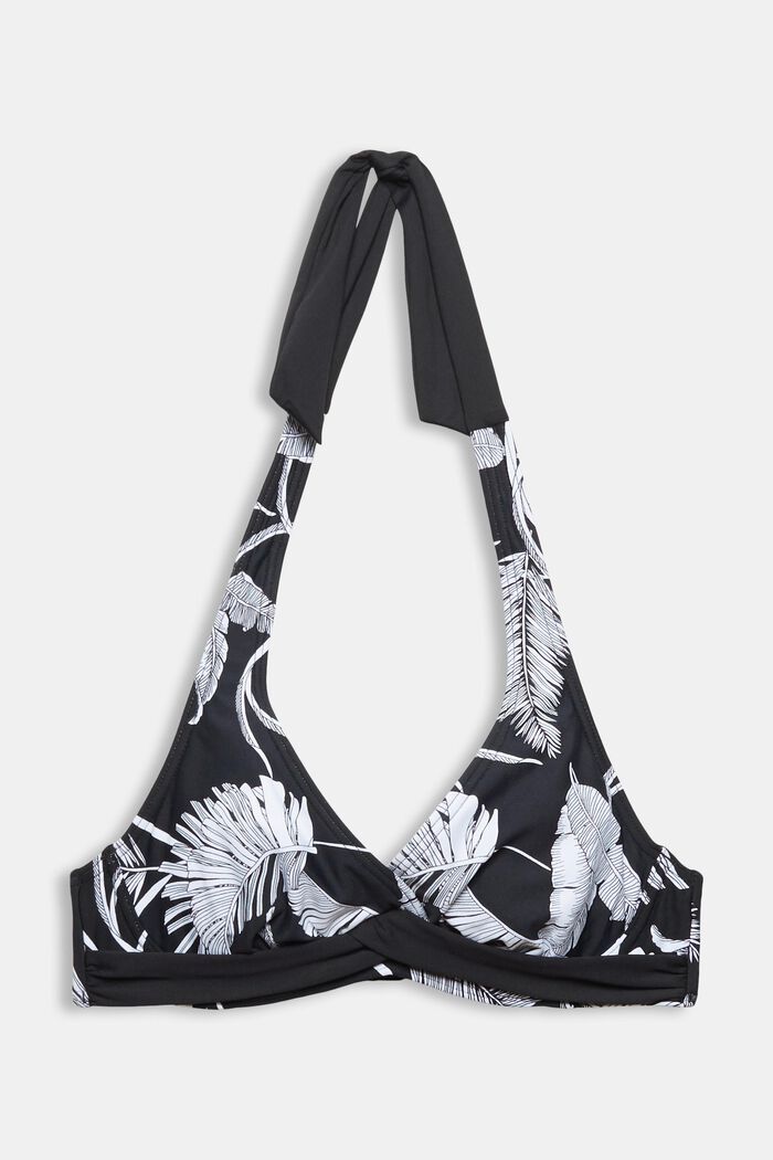 Recycled: halterneck bikini top with a palm tree print, BLACK, overview