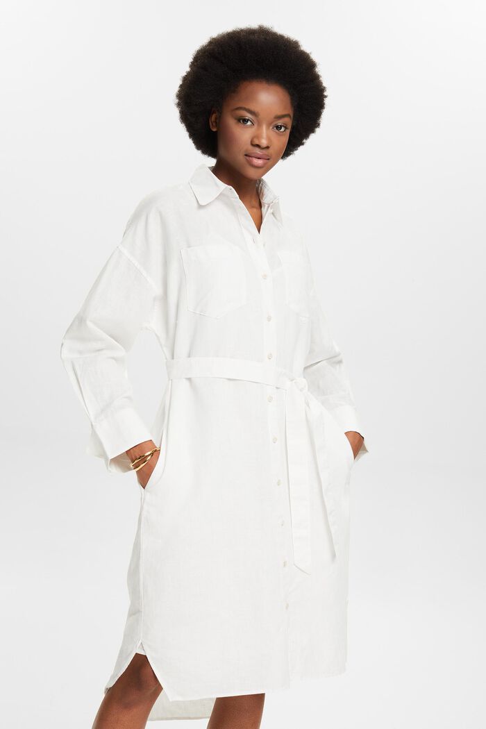 Linen-Cotton Belted Shirt Dress, OFF WHITE, detail image number 0