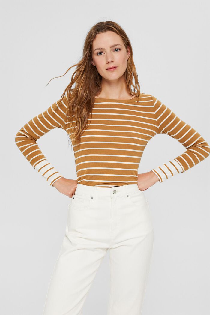 Striped long sleeve top made of organic cotton, CAMEL, detail image number 0