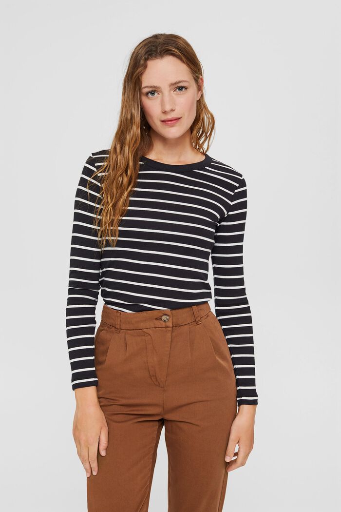 Striped long sleeve top, organic cotton, BLACK, overview