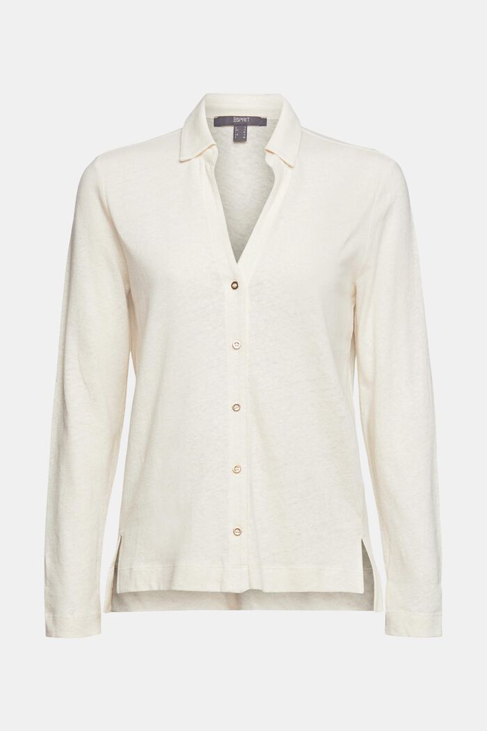 Made of blended linen: long sleeve top with button placket , LIGHT BEIGE, overview