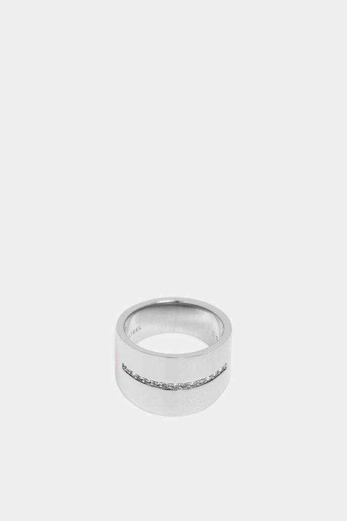 Wide stainless-steel ring with a row of zirconia stones, SILVER, detail image number 1