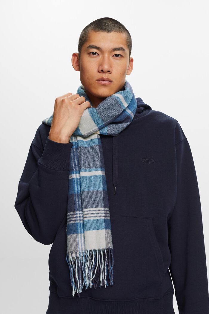 Checked Scarf, Cotton Blend, NAVY, detail image number 2