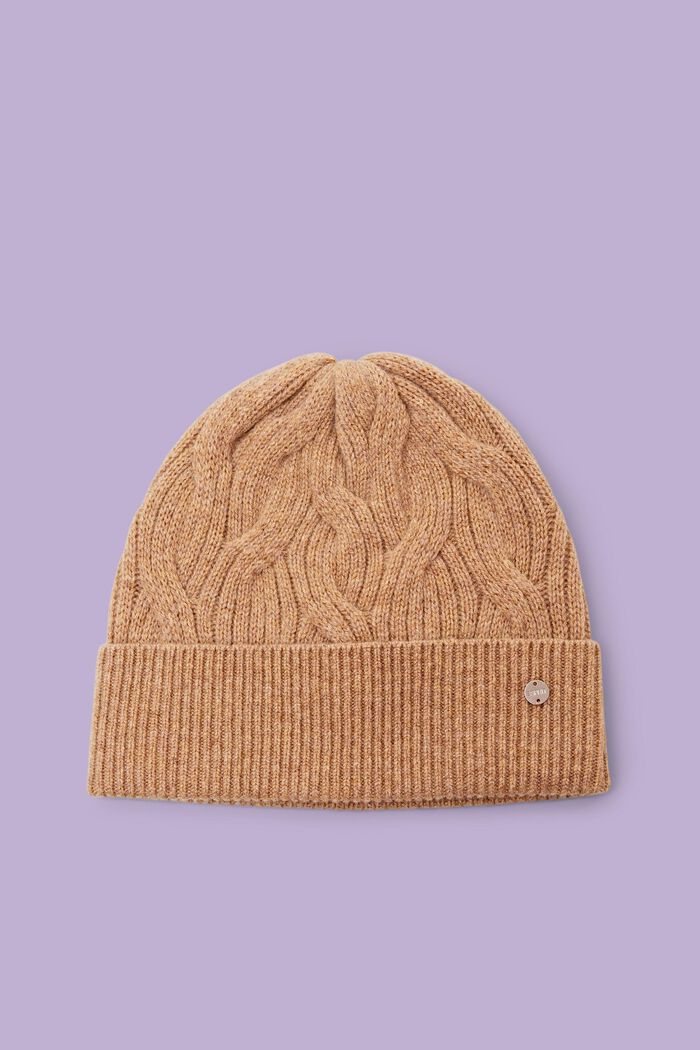 Wool Cashmere Cable-Knit Beanie, CAMEL, detail image number 0