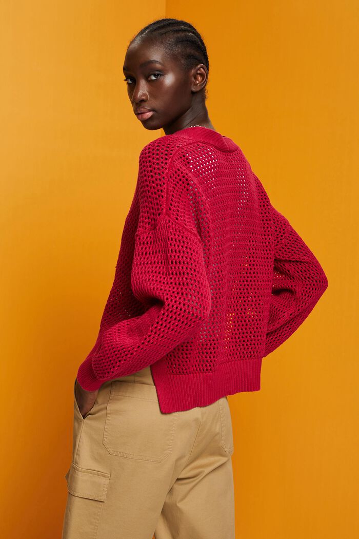 Sustainable cotton V-neck mesh jumper, DARK PINK, detail image number 3