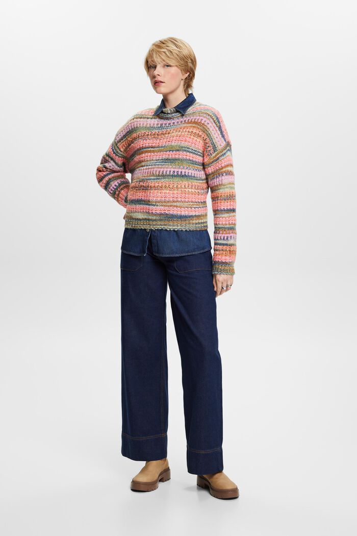 Striped Wool-Blend Sweater, CORAL ORANGE, detail image number 0
