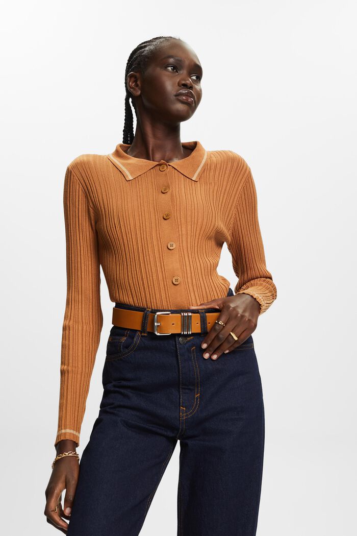 Button Front Knit Polo Top, CARAMEL, detail image number 0