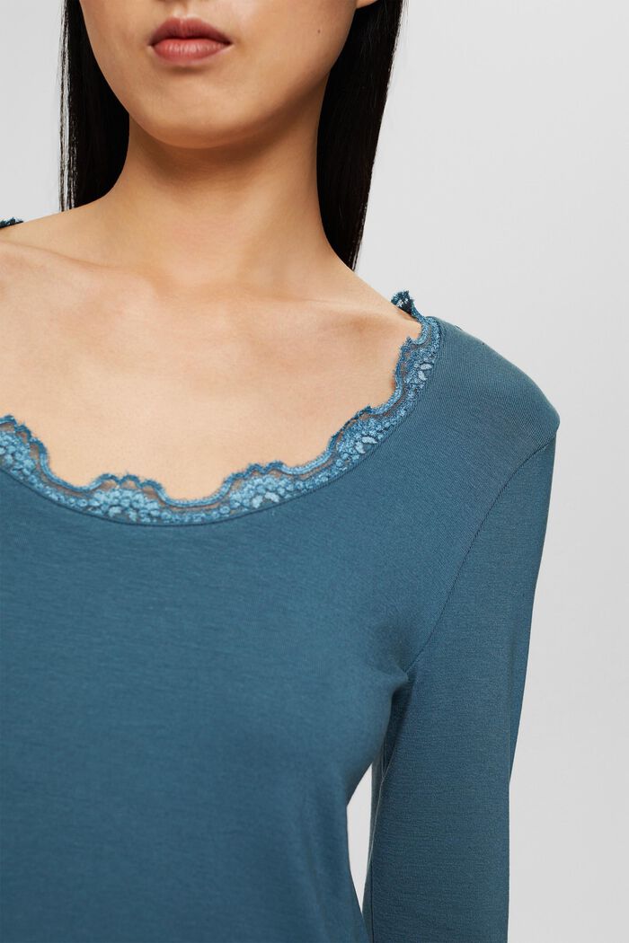 Made of TENCEL™: lace-trimmed, long sleeve top, PETROL BLUE, detail image number 2