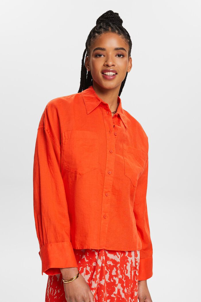 Cotton-Linen Shirt Blouse, BRIGHT ORANGE, detail image number 0