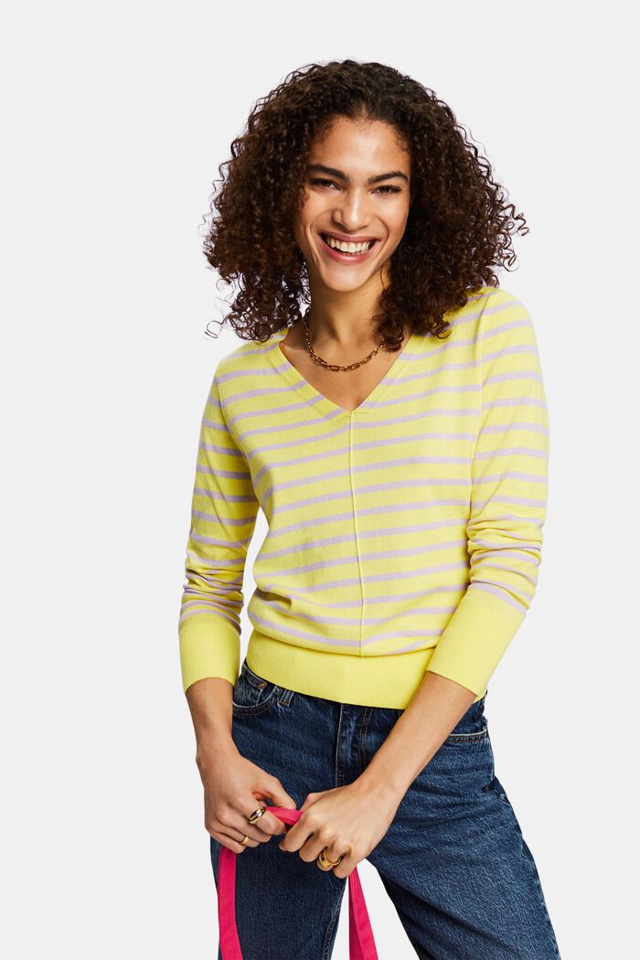Striped Cotton V-Neck Sweater, PASTEL YELLOW, detail image number 0