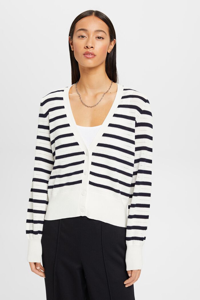 Striped pointelle cardigan, OFF WHITE, detail image number 0