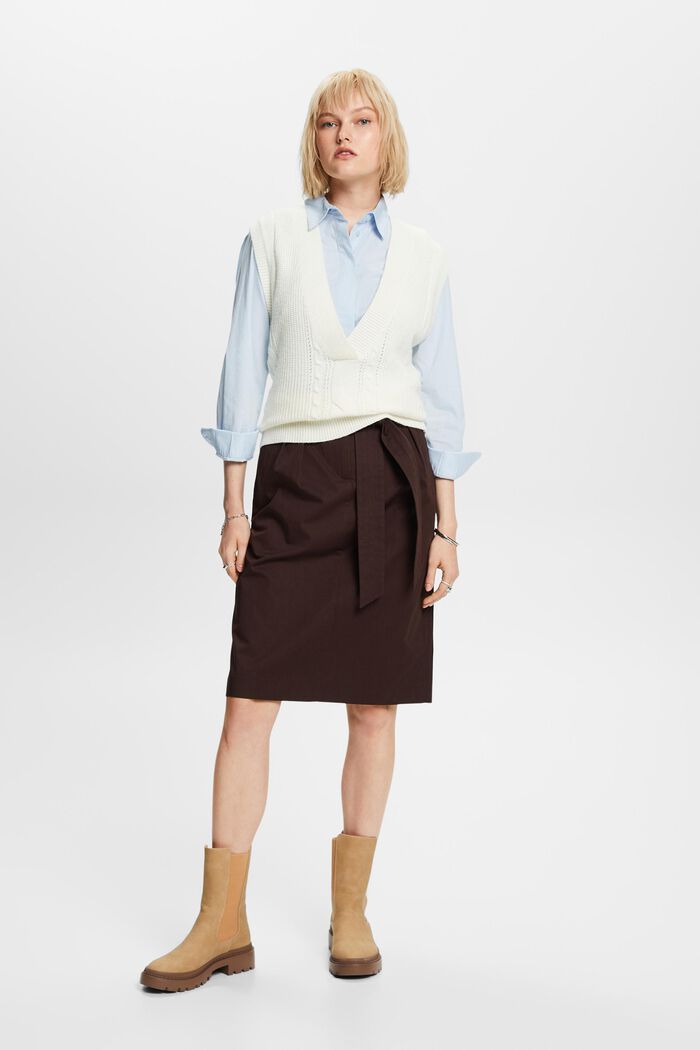 Belted knee length skirt, 100% cotton, DARK BROWN, detail image number 1