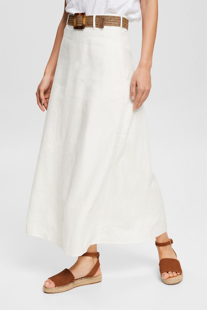 Maxi skirt with a belt, in 100% linen, WHITE, detail image number 0