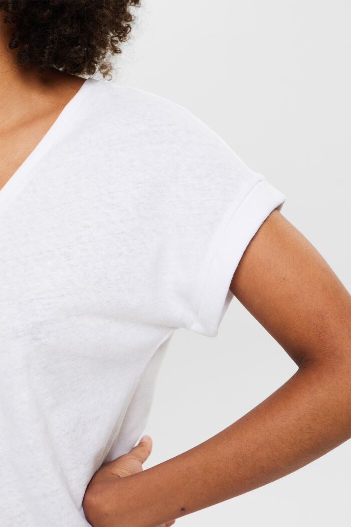 Cotton-Linen V-Neck T-Shirt, WHITE, detail image number 3