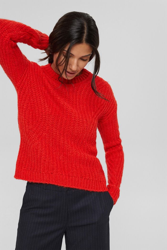With alpaca: jumper with knitted pattern, ORANGE RED, overview