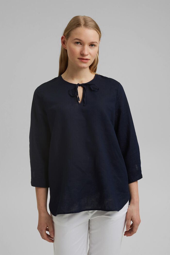 Linen: Blouse with ties, NAVY, detail image number 0