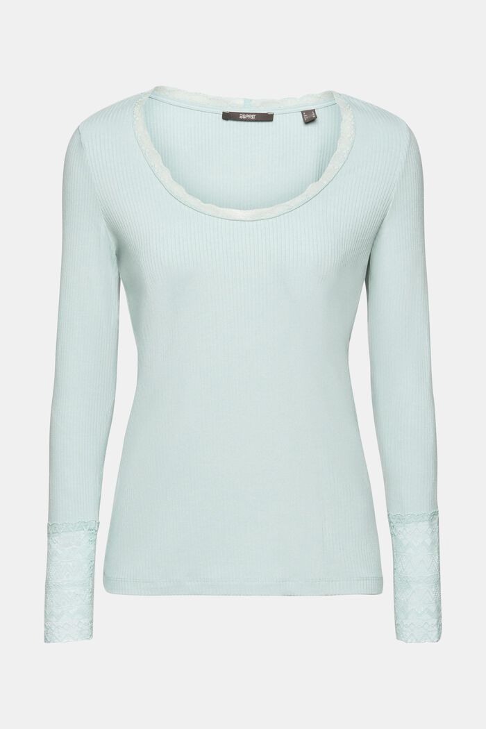 Ribbed long-sleeved top with lace details, LIGHT AQUA GREEN, detail image number 6