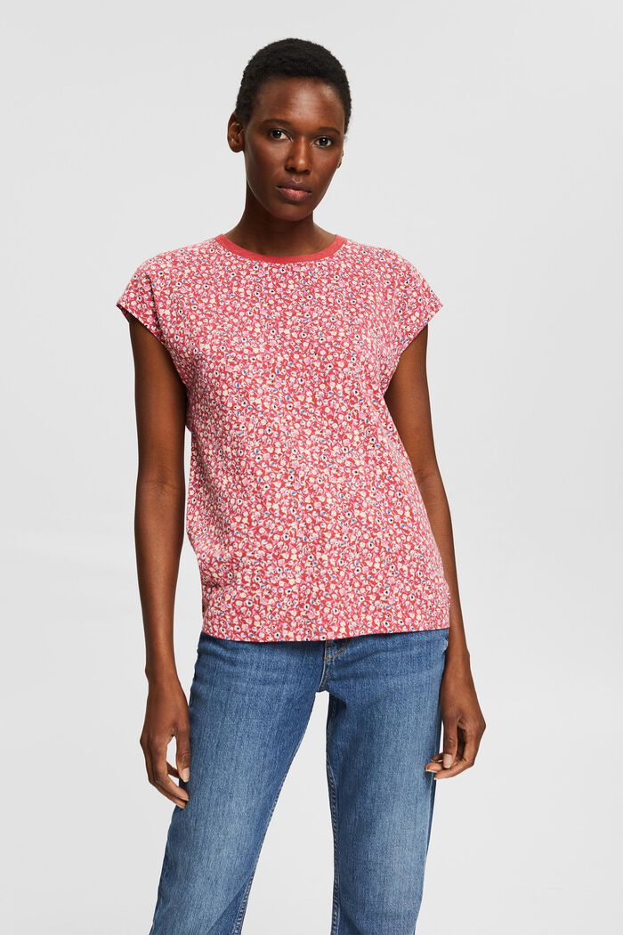 T-shirt with a mille-fleurs print, organic cotton blend, RED, detail image number 0
