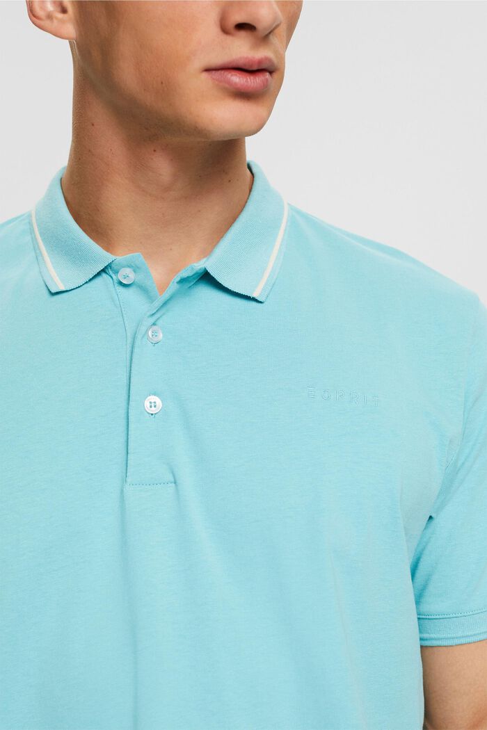 Linen blend: polo shirt with an embroidered logo, LIGHT TURQUOISE, detail image number 2